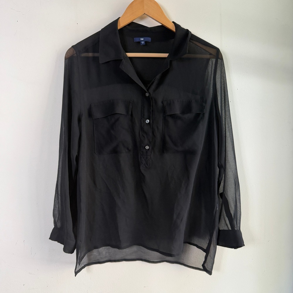 Gap Sheer Sleeve Popover Utility Blouse Black Medium